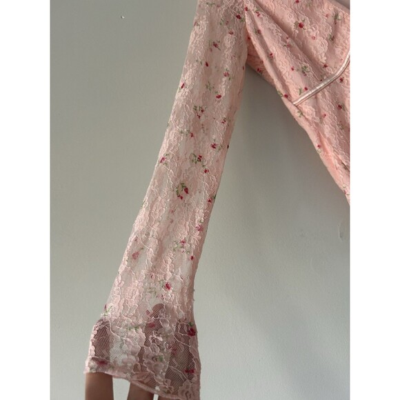 Thirty Thirty Pink Floral Rose Lace Top Mesh Sleeve Bow Detail Coquette Size S - Picture 10 of 11